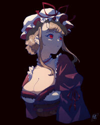 1girl alternate_hairstyle blonde_hair breasts choker cleavage closed_mouth commentary dress hat hat_ribbon highres long_sleeves looking_to_the_side medium_breasts mob_cap purple_dress red_eyes red_ribbon ribbon sidelocks sleeve_ribbon sokura_(mochichitose) solo touhou upper_body white_hat yakumo_yukari