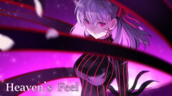 1girl breasts commentary copyright_name dark_sakura dress fate/stay_night fate_(series) grey_hair hair_ribbon heaven&#039;s_feel highres large_breasts long_hair matou_sakura parted_lips pink_background pink_eyes pink_ribbon red_eyes ribbon smile solo striped_clothes striped_dress teeth upper_body yoshio_(55level)