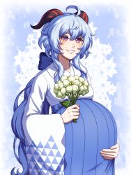 absurdres adricarra big_belly blue_hair blue_kimono bouquet bow flower ganyu_(genshin_impact) genshin_impact highres holding holding_flower horns japanese_clothes kimono looking_at_viewer misscherrylle ponytail pregnant purple_eyes red_horns smile white_kimono
