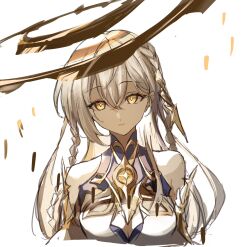 1girl asymmetrical_bangs bare_shoulders braid breasts genshin_impact hair_between_eyes halo highres istaroth_(genshin_impact) long_hair pale_skin situki solo very_long_hair white_background white_hair yellow_eyes