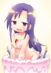 Rule 34 | 1girl, :d, artist request, between breasts, birthday cake, blush, breasts, cake, candle, female focus, food, food on body, fruit, gabyo nuno, goshiki agiri, kill me baby, long hair, looking at viewer, nude, open mouth, purple eyes, purple hair, smile, solo, strawberry