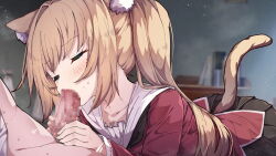 1girl animal_ear_fluff animal_ears blonde_hair cat_ears cat_girl cat_tail censored closed_eyes clothed_female_nude_male fellatio hetero highres jon_(pixiv31559095) mosaic_censoring nude oral original penis solo_focus tail
