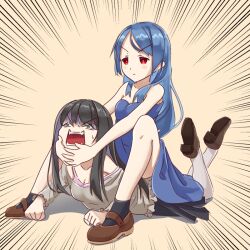 2girls bare_shoulders black_hair blue_dress blue_hair degtyaryov2952 dress emma_white enri_louvre green_eyes jashin-chan_dropkick long_hair multiple_girls naraku naraku_2 off-shoulder_shirt off_shoulder parody red_eyes shirt strapless strapless_dress trait_connection tube_dress white_shirt