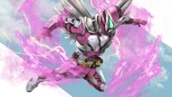 Rule 34 | 1boy, blue sky, bodysuit, clenched hand, compound eyes, flying, flying falcon progrisekey, full body, green eyes, highres, kamen rider, kamen rider 01 (series), kamen rider jin, kamen rider jin (flying falcon), lightning, male focus, metal wings, metsuboujinrai forceriser, open hand, pink bodysuit, progrisekey, rider belt, sky, tsubasansan, wings