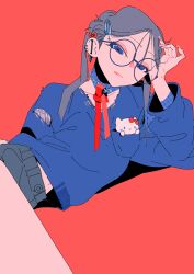 1girl absurdres barbell_piercing black_shorts blue_eyes blue_sweater collared_shirt commentary_request glasses grey_hair hair_ornament hairclip hand_on_own_head hello_kitty hello_kitty_(character) highres long_hair long_sleeves looking_at_viewer lying matumot midriff_peek neck_ribbon on_side original piercing red_background red_ribbon ribbon sanrio shirt shorts simple_background solo sweater twintails white_shirt