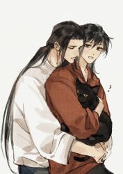 111218422 2boys ? absurdres alternate_costume alternate_universe animal black_cat black_eyes black_hair black_pants cat chinese_commentary closed_eyes contemporary dao_gui_yi_xian grey_background highres holding holding_animal holding_cat hood hoodie hug hug_from_behind li_huowang long_hair long_sleeves looking_at_another low_ponytail male_focus multiple_boys open_mouth pants ponytail red_hoodie shirt simple_background white_background white_shirt yaoi zhuge_yuan