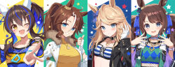 Rule 34 | 4girls, :d, animal ears, bare shoulders, black jacket, blonde hair, blue bow, blue collar, blue eyes, blue hair, blue nails, blue shirt, blush, bow, breasts, brown hair, clothing cutout, collar, collarbone, daitaku helios (umamusume), fingerless gloves, fishnets, fur-trimmed jacket, fur trim, gloves, gold city (umamusume), green jacket, grin, hair bow, hands up, horse ears, jacket, long hair, long sleeves, looking at viewer, mauve, medium breasts, mejiro palmer (umamusume), multicolored hair, multicolored nails, multiple girls, nail polish, open clothes, open jacket, open mouth, orange nails, ponytail, shirt, short sleeves, shoulder cutout, side ponytail, small breasts, smile, star (symbol), streaked hair, swept bangs, thumbs up, tosen jordan (umamusume), twintails, umamusume, v, white gloves, white hair, white jacket, yellow shirt
