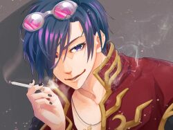Rule 34 | 1boy, black nails, blue hair, cigarette, coat, commentary request, eyewear on head, fingernails, gold trim, grey-framed eyewear, hair over one eye, highres, holding, holding cigarette, indi5blue, looking at viewer, male focus, pink-tinted eyewear, priest (ragnarok online), purple eyes, ragnarok online, red coat, short hair, smile, smoke, smoking, solo, sunglasses, tinted eyewear, upper body