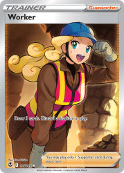 1girl :d aqua_eyes artist_name belt_pouch blonde_hair blue_helmet brown_pants brown_shirt card_(medium) character_name company_name copyright_name copyright_notice curly_hair english_text eyelashes helmet high-visibility_clothing high-visibility_vest long_hair nintendo nishida_yuu official_art open_mouth pants pokemon pokemon_card pokemon_swsh pokemon_tcg pouch rock shirt smile solo sweatdrop teeth third-party_source trading_card upper_teeth_only worker_(pokemon)