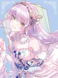 2girls bang_dream! blue_background commentary corset detached_sleeves dress earrings grey_hair hair_between_eyes imai_lisa jewelry long_hair minato_yukina multiple_girls open_mouth smile white_brooch white_corset white_dress yellow_eyes yue_mao_(yukinihime)