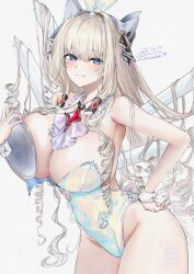 1girl absurdres alternate_costume blonde_hair blue_eyes breasts cleavage crown_(nikke) drill_hair goddess_of_victory:_nikke highres huge_breasts iridescent large_breasts leotard miumiumi_99 playboy_bunny simple_background solo too_many_drills white_background