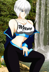 1girl angel_(kof) blue_eyes breasts curvy female_focus huge_breasts jacket large_breasts noir-black-shooter noir-black-shooter_(artist) pale_skin pants shirt short_hair smile tank_top the_king_of_fighters thick_thighs thighs water white_hair wide_hips