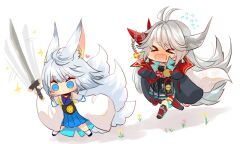 &gt;_&lt; 2girls :d animal_ears antenna_hair armor asymmetrical_horns azur_lane black_dress black_jacket blue_eyes blue_skirt blush chibi closed_eyes coat dress fox_girl grey_hair hair_on_horn hakuryuu_(azur_lane) heart holding holding_sword holding_weapon horns jacket japanese_armor kaga_(azur_lane) katana kitsune knee_pads long_hair metal_belt miniskirt mismatched_horns multiple_girls multiple_horns multiple_tails ootachi open_clothes open_coat open_mouth pleated_dress pleated_skirt putimaxi red_horns running sakuramon short_hair side_slit simple_background skirt smile sparkle suneate sword tail wavy_mouth weapon white_background white_coat white_hair white_horns white_tail xd