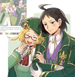 Rule 34 | 1boy, 1girl, :d, ahoge, bianca (champion) (pokemon), bianca (pokemon), black hair, blonde hair, blue eyes, cheren (champion) (pokemon), cheren (pokemon), closed eyes, closed mouth, coat, commentary, glasses, gloves, green coat, green hat, hand on another&#039;s arm, hand up, hat, highres, light blush, long sleeves, miiyokoe, nintendo, official alternate costume, open mouth, pokemon, pokemon masters ex, red-framed eyewear, screenshot inset, semi-rimless eyewear, shirt, short hair, smile, split mouth, teeth, tongue, upper teeth only, vest, white gloves