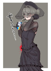 Rule 34 | 1girl, absurdres, black dress, blush, can, chinese commentary, covered navel, dress, drink can, drinking straw, ebonyxh, flat chest, flower, gloves, green eyes, grey hair, hair bun, half gloves, highres, holding, holding can, lolibaba, ninja slayer, short hair, simple background, solo, sound effects, spider lily, translation request, tucking hair, undertaker (ninja slayer), white background