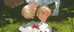 2boys absurdres aged_down asymmetrical_hair blonde_hair blunt_bangs bodysuit book brothers child citronplanet colored_eyelashes diagonal_bangs flower geranium grey_bodysuit highres holding holding_flower lying millions_knives multiple_boys on_back on_ground on_side petals red_flower rotational_symmetry shirt siblings trigun trigun_stampede twins undercut vash_the_stampede white_shirt