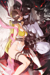 10s 2girls angel_wings angewomon ankle_boots arms_behind_back artist_name asymmetrical_clothes asymmetrical_docking bare_arms bare_shoulders bdsm belt black_gloves black_leotard bondage boots bound bound_arms breast_press breasts chain cleavage cleavage_cutout closed_mouth clothing_cutout colored_skin covered_eyes digimon digimon_(creature) digimon_adventure_tri. elbow_gloves expressionless fangs feathered_wings femdom flaming_eye gloves hand_on_another&#039;s_cheek hand_on_another&#039;s_face head_wings helmet high_heel_boots high_heels highres knee_up ladydevimon large_breasts leotard lips medium_breasts monster multiple_girls navel o-ring o-ring_belt pink_lips pink_ribbon purple_lips purple_skin red_eyes ribbon shiny_skin single_boot sitting smug stitches stomach stone_floor thigh_strap thighs white_footwear white_wings wings yd_(orange_maru) yuri