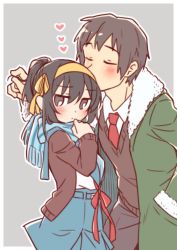 1boy 1girl alternate_hairstyle blue_sailor_collar blue_scarf blue_skirt blush border brown_cardigan brown_eyes brown_hair brown_pants brown_vest cardigan closed_eyes coat commentary_request green_coat grey_background hair_between_eyes hair_ribbon hairband hand_in_pocket hetero kiss kita_high_school_uniform kyon long_sleeves looking_at_viewer necktie official_alternate_hairstyle open_cardigan open_clothes open_coat pants ponytail red_necktie red_ribbon ribbon sailor_collar scarf school_uniform serafuku shirt short_hair simple_background skirt suzumiya_haruhi suzumiya_haruhi_no_yuuutsu sweater_vest taiki_(6240taiki) vest white_border white_shirt yellow_hairband yellow_ribbon