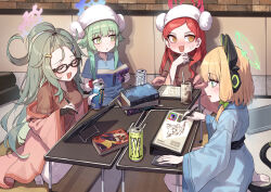 4girls @_@ absurdres ahoge alternate_costume animal_ear_headphones animal_ears barefoot black-framed_eyewear blonde_hair blue_archive blue_halo blue_kimono blue_shirt blush book bow brick_wall brown_kimono brown_shirt cat_ear_headphones cat_tail closed_eyes color_wheel dot_nose drawing_(action) drawing_tablet drink energy_drink fake_animal_ears flying_sweatdrops glasses gradient_halo green_eyes green_hair green_halo hair_bow hair_ornament hairclip halo headphones highres holding holding_book holding_drink holding_stylus indian_style japanese_clothes kimono kokukyukeo long_hair long_sleeves looking_at_another meru_(blue_archive) midori_(blue_archive) momiji_(blue_archive) multicolored_halo multiple_girls no_nose nose_blush obi open_mouth parted_lips pink_halo profile red_hair red_halo sash shirt short_hair short_sleeves sitting stylus sweat tail takane_(blue_archive) trait_connection wariza wide_sleeves yellow_eyes yukata