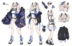 1girl ass back_cutout bare_legs bare_shoulders black_gloves black_jacket blonde_hair blue_eyes blue_hair blue_leotard blue_shoes breasts candy chest_harness closed_mouth clothes_on_and_off clothing_cutout commentary covered_navel cropped_head crossed_bangs english_text engrish_text fingerless_gloves food food_in_mouth from_behind full_body gloves hair_between_eyes hair_ornament hairclip harness highleg highleg_leotard highres huge_weapon jacket legs leotard lollipop lollipop_in_mouth long_hair long_sleeves looking_at_viewer mechanical_arms medium_breasts morros multicolored_hair multicolored_leotard multicolored_shoes multiple_expressions multiple_views notes off_shoulder open_mouth original parted_lips pointing_out_the_details pouch power_fist ranguage reference_sheet shoes simple_background sneakers standing tekkou-chan_(morros) thigh_pouch thigh_strap translation_request triangle_hair_ornament turnaround twintails two-sided_fabric two-sided_jacket two-tone_hair two-tone_leotard two-tone_shoes weapon white_background white_leotard white_shoes white_sneakers