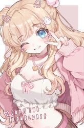 1girl absurdres blonde_hair blondedaze blue_eyes blush bra breasts character_name choker cleavage commission frilled_bra frills heart heart_necklace highres indie_virtual_youtuber jewelry looking_at_viewer midriff necklace pink_choker sleeves_past_wrists solo swept_bangs underwear v vgen_commission yunatie0