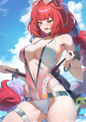 1girl bare_shoulders blue_sky blush bow bracelet braid breasts choker cleavage eyewear_on_head green_eyes hair_bow hair_ornament heart heart-shaped_eyewear highres jewelry large_breasts long_hair looking_at_viewer low_twin_braids navel one-piece_swimsuit open_mouth pink_one-piece_swimsuit raijuu_(bakanara) red_hair sky solo sphere_hair_ornament sunglasses swimsuit thigh_strap thighs twin_braids two-tone_one-piece_swimsuit ukinami_yuzuha ukinami_yuzuha_(tanuki_in_broad_daylight) white_one-piece_swimsuit zenless_zone_zero