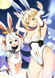 Rule 34 | 2girls, :d, alternate costume, animal ears, arms up, azuma yuki, blonde hair, boots, breasts, bug, cleavage, cloud, dated, fake animal ears, firefly, flower, full moon, genshin impact, hair flower, hair ornament, halo, hands up, highres, insect, leotard, looking at viewer, lumine (genshin impact), medium breasts, moon, multiple girls, night, night sky, open mouth, paimon (genshin impact), playboy bunny, purple eyes, rabbit ears, short hair, signature, sky, smile, star (sky), starry sky, thigh boots, thighhighs, thighs, white footwear, white hair, white leotard, white thighhighs, yellow eyes