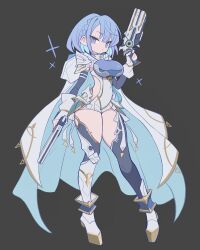 Rule 34 | 1girl, absurdres, armor, armored boots, asymmetrical legwear, black sleeves, black thighhighs, blue eyes, blue hair, bodysuit, boots, breasts, cape, detached sleeves, dreizehn (shadowverse), dual wielding, faulds, gloves, grey background, gun, highres, holding, holding gun, holding weapon, ketsu juuji killer (kejuki), large breasts, looking at viewer, medium hair, shadowverse, shadowverse: worlds beyond, shoulder armor, simple background, solo, thighhighs, two-sided cape, two-sided fabric, weapon, white bodysuit, white cape, white gloves