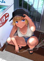 1girl baseball_cap black_hat black_sandals blonde_hair breasts cigarette denim denim_shorts hat highres holding holding_cigarette looking_at_viewer looking_up mole original outdoors purple_eyes sandals shoichi_(fromtojo) short_hair short_shorts shorts smoking solo sports_sandals squatting tan tank_top tanline white_tank_top