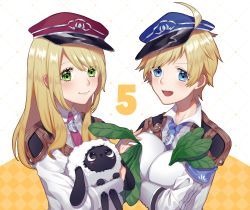 1boy 1girl absurdres ahoge alice_(rune_factory) ares_(rune_factory) blonde_hair closed_mouth collared_shirt highres kita_282 long_hair looking_at_viewer necktie rune_factory rune_factory_5 sheep shirt short_hair turnip upper_body