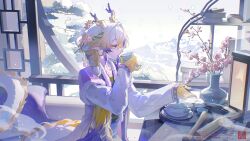 1girl alternate_costume alternate_hairstyle arknights blue_eyes blue_hair blue_sky blush cup dragon_horns dragon_tail dress flower grey_hair hair_flower hair_ornament highres holding holding_cup horns jacket pointy_ears scroll shu_(arknights) sitting sky snow snowing solo tail upper_body white_dress white_jacket window xianyu_guguzi
