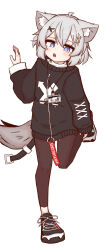1girl :o absurdres ahoge animal_ear_fluff animal_ears ash_(vrchat) black_pants black_shoes black_sweater blue_eyes fang fox_ears full_body grey_hair hair_ornament hand_up highres id_card lanyard leggings long_sleeves looking_at_viewer open_mouth pants puffy_long_sleeves puffy_sleeves rukisan_neko shoes short_hair simple_background skin_fang sleeves_past_wrists sneakers solo standing standing_on_one_leg star_(symbol) star_hair_ornament sweater tail transparent_background vrchat white_background x_hair_ornament