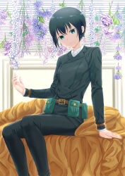1girl absurdres androgynous arm_support belt belt_buckle belt_pouch breasts bright_pupils brown_belt buckle closed_mouth coat collared_shirt commentary curled_fingers dress_shirt expressionless film_grain flower green_eyes green_hair green_jacket green_pants hair_between_eyes head_tilt highres indoors jacket kino_(kino_no_tabi) kino_no_tabi lavender_(flower) light_frown long_sleeves looking_at_viewer pants pouch purple_flower purple_rose rose shirt short_hair sitting small_breasts solo tomboy unworn_coat very_short_hair white_flower white_shirt window window_blinds yk026349