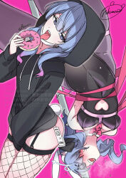 2girls arms_behind_back black_hoodie black_leotard blue_eyes blue_hair bow bowtie clothing_cutout detached_collar donut food grey_pantyhose hair_ornament hatsune_miku heart_cutout highres holding holding_donut holding_food hood hoodie hymgkamui leotard looking_at_viewer mask mouth_mask multiple_girls open_mouth pantyhose pink_background pink_bow pink_bowtie pink_nails rabbit_hole_(vocaloid) thigh_strap tongue tongue_out upside-down vocaloid x_hair_ornament