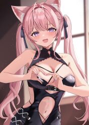 1girl absurdres animal_ears black_dress black_ribbon blush breasts cleavage commentary_request dress fingernails hair_ribbon hakui_koyori hakui_koyori_(dark_maid) heart heart_hands highres hololive indoors large_breasts light_particles looking_at_viewer medium_hair nail_polish navel official_alternate_costume open_mouth pink_hair purple_eyes purple_nails ribbon smile solo stomach twintails virtual_youtuber window wolf_ears wolf_girl ysnhryk
