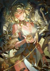 1girl absurdres aglaea_(honkai:_star_rail) apple arm_at_side artist_name bare_shoulders blonde_hair bracelet breast_tattoo breasts cleavage clothing_cutout commentary cowboy_shot dress earrings english_commentary eyeshadow flower food fruit garmentmaker_(honkai:_star_rail) golden_apple greco-roman_clothes green_eyes hair_flower hair_ornament hand_up highres holding holding_food holding_fruit honkai:_star_rail honkai_(series) jewelry laurel_crown looking_at_food looking_down makeup mannequin nail_polish necklace o-ring o-ring_thigh_strap oyakorodesu parted_lips short_hair short_sleeves shoulder_cutout side_slit single_sleeve solo tattoo thigh_strap white_dress white_flower yellow_eyeshadow yellow_nails