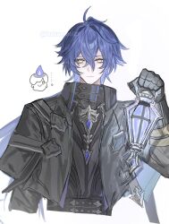 ... 1boy batamoti25 black_gloves blue_hair closed_mouth cropped_torso crossed_bangs empty_eyes flins_(genshin_impact) gen_5_pokemon genshin_impact gloves hair_between_eyes highres holding holding_lantern lantern litwick long_hair long_sleeves male_focus nintendo pokemon pokemon_(creature) simple_background upper_body white_background yellow_eyes