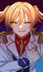 Rule 34 | + +, 1girl, blonde hair, blue background, commentary request, daiba nana, epaulettes, fingernails, gradient background, green eyes, green ribbon, hair between eyes, hair ribbon, hand on own chest, hand up, highres, jacket, kamikawa celery, long sleeves, lower teeth only, official alternate costume, open mouth, orange pupils, purple background, red shirt, ribbon, shirt, short hair, short twintails, shoujo kageki revue starlight, solo, sparkle background, teeth, twintails, uneven eyes, upper body, white jacket