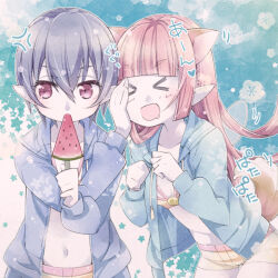 &gt;_&lt; 2girls alternate_costume anger_vein animal_ears aqua_background asahi_(dq10) bikini blue_jacket blunt_bangs blunt_ends colored_skin commentary_request cowboy_shot dog_ears dog_tail dragon_quest dragon_quest_x eating fairy_wings flat_chest food fruit hair_between_eyes heart holding holding_food jacket long_hair matching_outfits multiple_girls navel open_mouth pink_eyes pink_hair pointy_ears purple_hair purple_skin pushing_away pushing_face short_hair smile star_(symbol) swimsuit tail tail_wagging utsubushi_satsuki watermelon watermelon_slice white_background wings yellow_bikini yoi_(dq10)