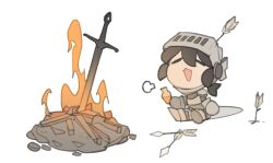 1girl :3 armor arrow_(projectile) arrow_in_body arrow_in_head bonfire_(dark_souls) bottle breastplate chibi closed_eyes commentary dark_souls_(series) english_commentary fire full_body gauntlets helm helmet holding holding_bottle object_through_head open_mouth pauldrons puff_of_air sabaton shoulder_armor simple_background sitting solo sword temmie_chang temmie_chang_(character) weapon white_background