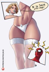 1boy 1girl artist_name blonde_hair blue_eyes blue_lips breasts choker curvy earrings emma_frost english_text highres jewelry marvel marvel_rivals multiple_views navel panties patreon_logo patreon_username see-through_clothes see-through_thighhighs short_hair speech_bubble spider-man thighhighs tom_wlod underwear watermark web_address white_choker white_panties white_thighhighs
