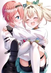 2girls ^_^ ahoge arms_around_neck ascot bike_shorts black_gloves black_hairband black_shorts blonde_hair blue_eyes blue_skirt bow carrying chest_harness chest_sarashi closed_eyes closed_mouth commentary_request crossed_bangs double-parted_bangs dress_shirt faubynet fingerless_gloves from_side gloves hair_between_eyes hair_bow hairband hakama hakama_short_skirt hakama_skirt haori harness head_wings high-waist_shorts highres hololive japanese_clothes kazama_iroha kazama_iroha_(1st_costume) long_hair long_sleeves looking_at_another miniskirt multiple_girls open_mouth pink_hair pink_wings pleated_skirt ponytail princess_carry sandals sarashi shirt short_hair shorts simple_background skirt sleeve_garter smile takane_lui takane_lui_(1st_costume) teeth thighhighs upper_teeth_only virtual_youtuber white_ascot white_background white_shirt white_thighhighs wings yellow_haori yuri