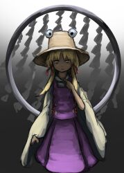 Rule 34 | 1girl, blonde hair, brown hat, closed mouth, commentary request, cowboy shot, expressionless, grey background, hair ribbon, hat, highres, long hair, looking at viewer, moriya&#039;s iron rings, moriya suwako, purple skirt, purple vest, red ribbon, ribbon, ritsuzou, shide, shirt, sidelocks, skirt, skirt set, solo, touhou, vest, white shirt, wide sleeves, yellow eyes