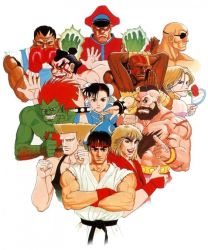 1girl balrog_(street_fighter) blanka capcom chun-li closed_mouth dark-skinned_male dark_skin dhalsim dougi e._honda flattop flower flower_in_mouth guile ken_masters looking_at_viewer m._bison multiple_boys official_art open_mouth ryu_(street_fighter) sagat short_hair simple_background street_fighter street_fighter_ii_(series) vega_(street_fighter) white_background yasuda_akira zangief