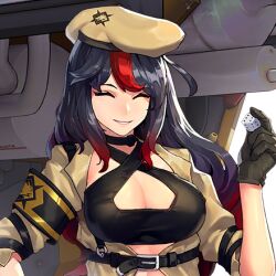 a-15_salamander armband belt beret black_belt black_choker black_hair breasts brown_gloves choker cleavage cleavage_cutout closed_eyes clothing_cutout dice female_focus game_cg gloves grin hat holding large_breasts last_origin long_hair mar10 military military_hat military_uniform multicolored_hair official_art red_hair salamander_(last_origin) smile streaked_hair transparent_background upper_body