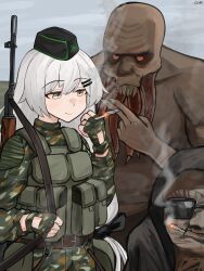1girl 2others absurdres black_bow black_hair bloodsucker blush bow burer_(stalker) camouflage camouflage_gloves camouflage_pants camouflage_shirt chest_rig clothing_request dragunov_svd fingerless_gloves freedom_(stalker) gamryous girls&#039;_frontline gloves green_eyes green_gloves green_pants grey_eyes grey_hair gun gun_sling hair_bow hair_ornament hairclip hand_up highres holding_joint hood hood_up hooded_robe joint_(drug) long_hair low-tied_long_hair multiple_boys multiple_girls multiple_others pants rifle robe shirt smoke sniper_rifle stalker_(game) sunglasses svd_(girls&#039;_frontline) tinted_eyewear very_long_hair weapon