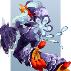 beak blue_background blue_eyes blue_feathers feather_hair feathers from_side highres nintendo no_humans nyala_(nyala_766) open_mouth pokemon pokemon_(creature) pokemon_focus purple_feathers quaquaval simple_background talons two-tone_background white_background winged_arms wings