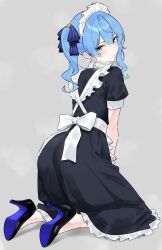 1girl absurdres alternate_costume apron blue_eyes blue_hair blue_shoes bluefield blush commentary english_commentary frilled_apron frills from_behind hair_between_eyes high_heels highres hololive hoshimachi_suisei kneeling long_hair looking_at_viewer maid maid_apron maid_headdress shoes side_ponytail solo star_(symbol) star_in_eye symbol_in_eye virtual_youtuber white_apron