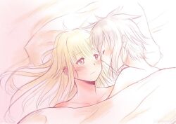 Rule 34 | 2girls, ange (princess principal), bed sheet, blonde hair, closed eyes, commentary, english commentary, looking at another, multiple girls, naked sheet, pillow, princess (princess principal), princess principal, sketch, sleeping, under covers, white hair, xin (blueramen), yuri