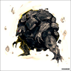 claws commentary_request fangs gen_1_pokemon golem_(pokemon) k-suwabe legs_apart monster nintendo no_humans no_neck outstretched_arms pokemon pokemon_(creature) red_eyes rock solo standing talons twitter_username white_background